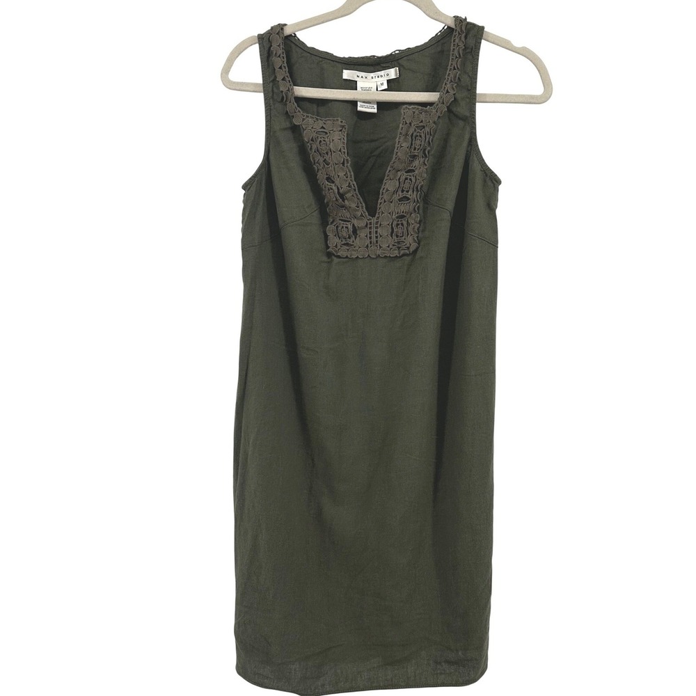 Max Studio Sleeveless Linen Blend Crochet Trim Dress Women M‎ Olive Green Boho